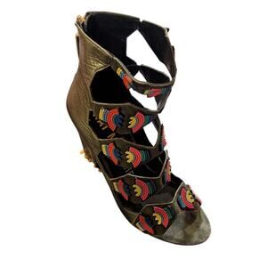 Kat Maconie Aztec Thea Leather Platform High Heels in Earthy Green Sz 39